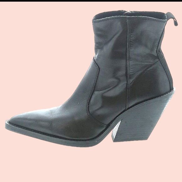 Zara Shoes - Zara Western Ankle Boots Black Leather Zip-up Slanted Block Heel Cowgirl Booties